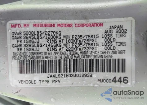 2003 Mitsubishi Montero Sport Es/Ls z USA, uszkodzony, nr VIN JA4LS21H03J012939